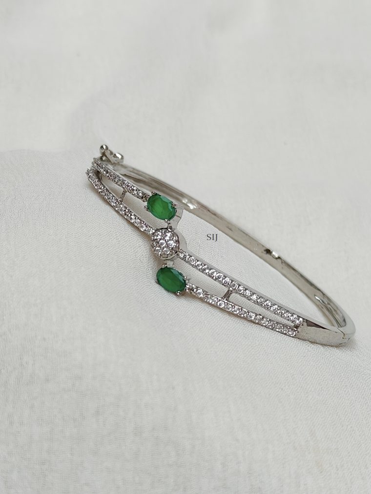 Silver Polish Green Stones and White Stones Office Wear Kada