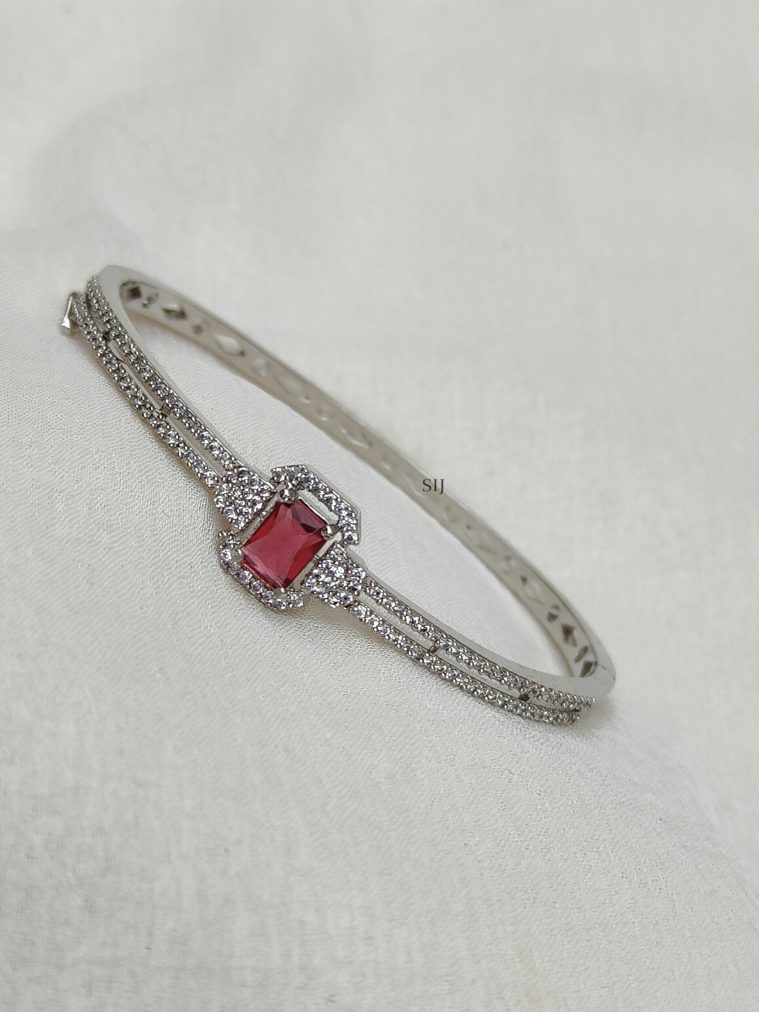 Silver Polish Square Pink Stone and White Stones Kada