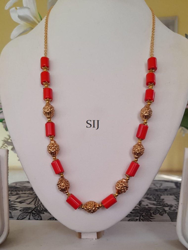 Coral Gold Balls Long Necklace Set