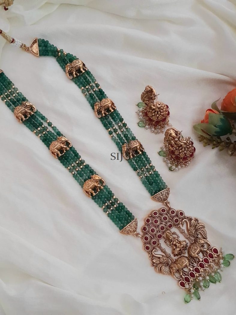 3 Layered Green Beaded Lakshmi Pendant Haram