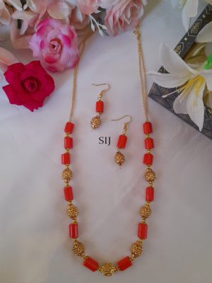 Coral Gold Balls Long Necklace Set