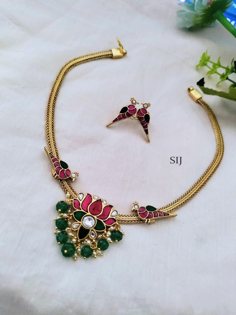 Gold Plated Lotus Jadau Bird Hasli Necklace