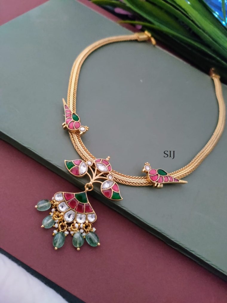 Floral And Bird Jadau Attigai Necklace