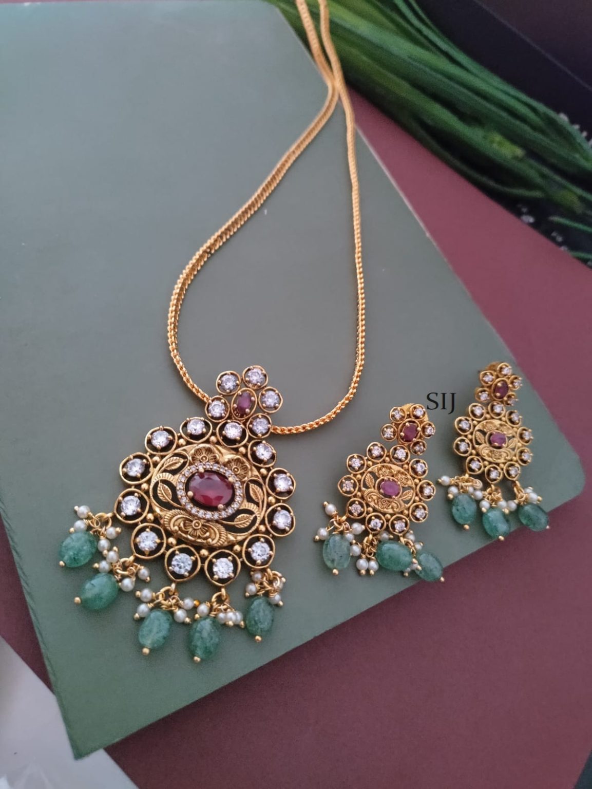 Gold Plated Ruby And AD Stones Chain Set