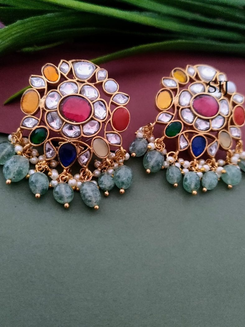 Gold Plated Navratna Stones Ear Studs