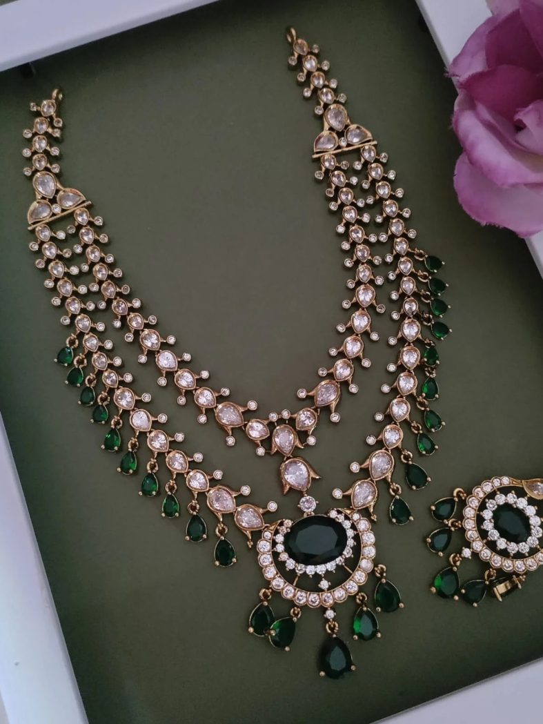 Two Layers White and Emerald Stones Bridal Necklace