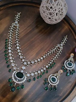 Two Layers White and Emerald Stones Bridal Necklace