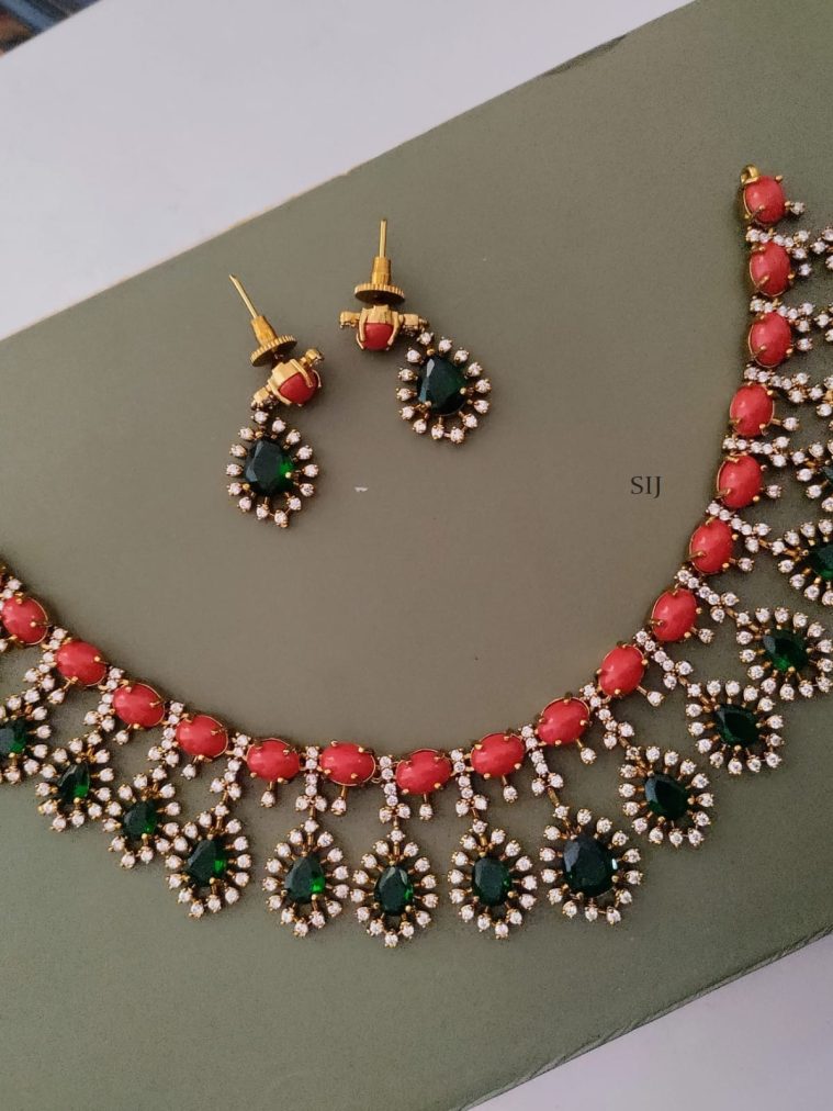 Gold Polished Coral Necklace with Green Stone Drop