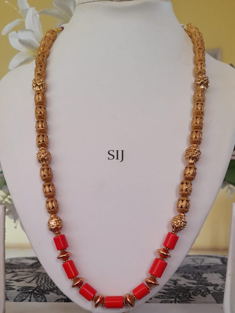 Coral Golden Balls Long Necklace Set