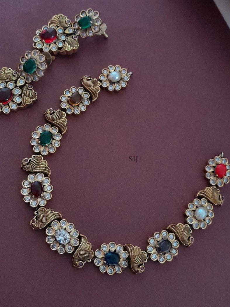 Antique Gold Finish Navaratna Stone Necklace Set