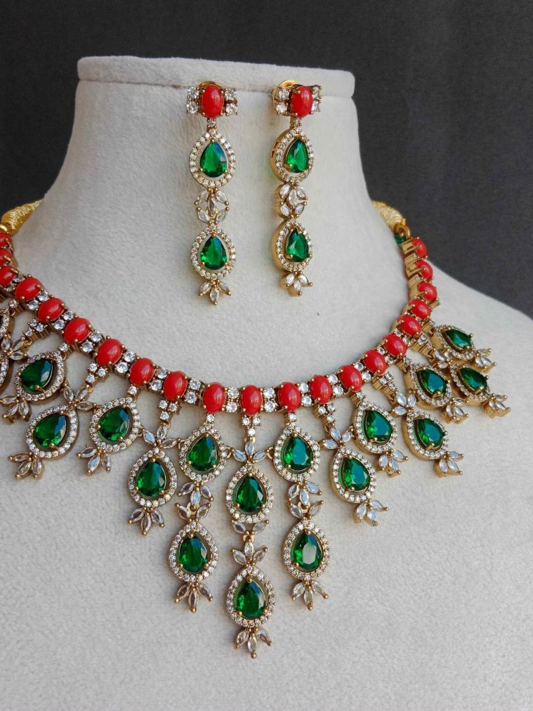 Corals with Layers of Emerald Dropped Necklace Set