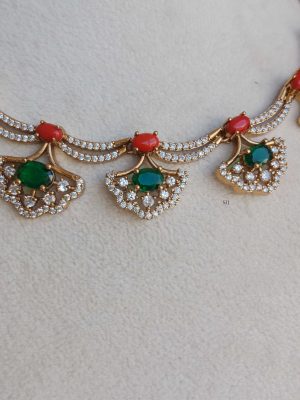 Curved AD Set with Coral &Emerald Stone Necklace Set