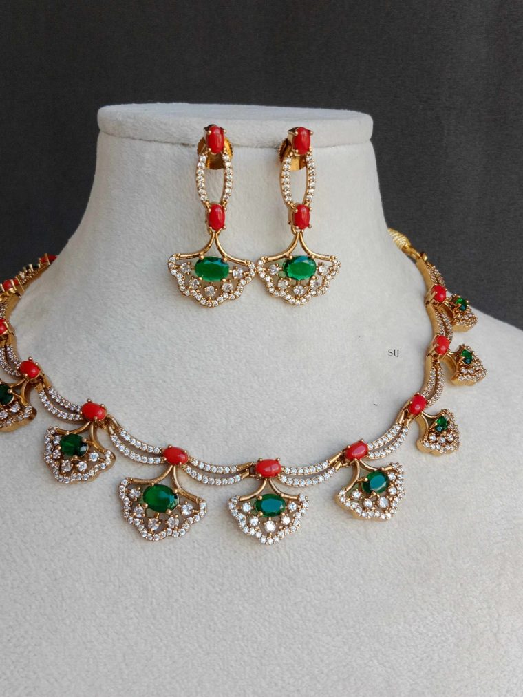 Curved AD Set with Coral &Emerald Stone Necklace Set