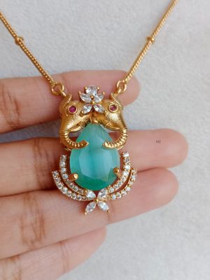 Dual elephant Aqua Green Stone Pendant Necklace Set