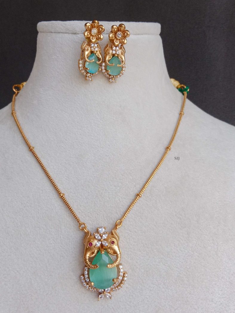 Dual elephant Aqua Green Stone Pendant Necklace Set