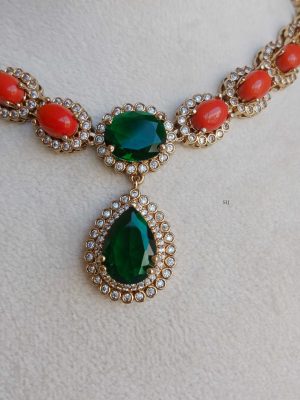 Elegant Coral with Emerald Stone Necklace set