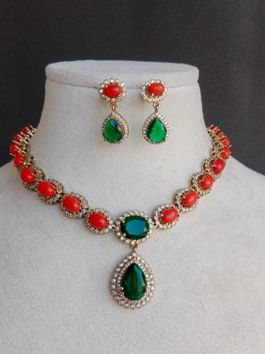 Elegant Coral with Emerald Stone Necklace set