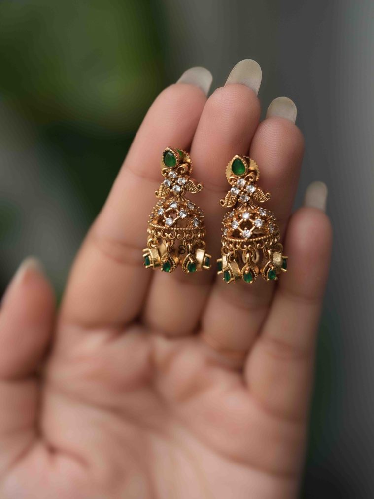 Gold Finish Emerald and AD Stones Jhumkas