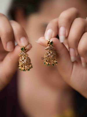 Gold Finish Emerald and AD Stones Jhumkas