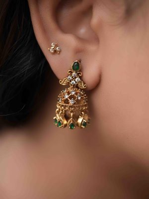 Gold Finish Emerald and AD Stones Jhumkas