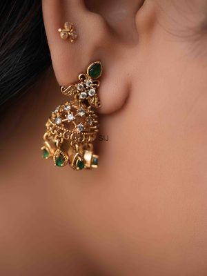 Gold Finish Emerald and AD Stones Jhumkas