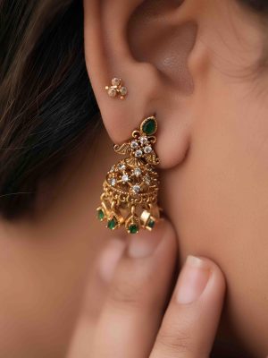 Gold Finish Emerald and AD Stones Jhumkas