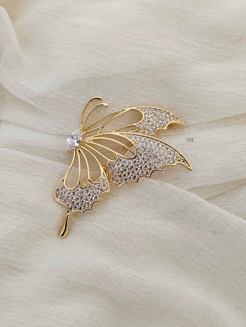 Gold Finish CZ Stone Butterfly Design Saree Pin