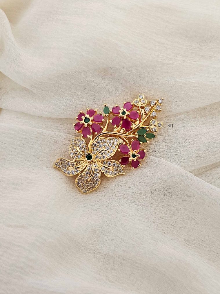 Gold Finish Ruby Floral Design Saree Pin