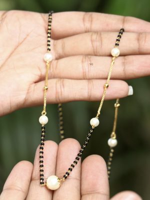 Gold Finish Big Pearls and Black Beads Mangalsutra