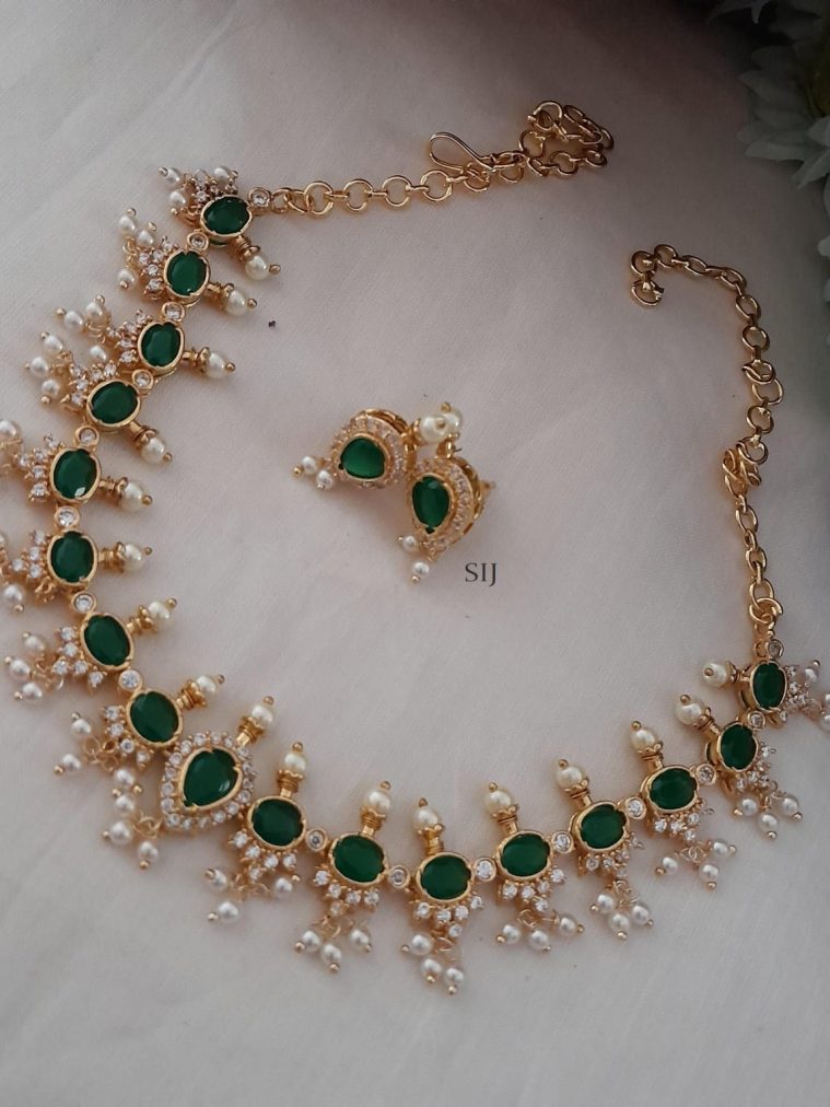 Gold Plated Drop Shaped Green Stone Necklace Set