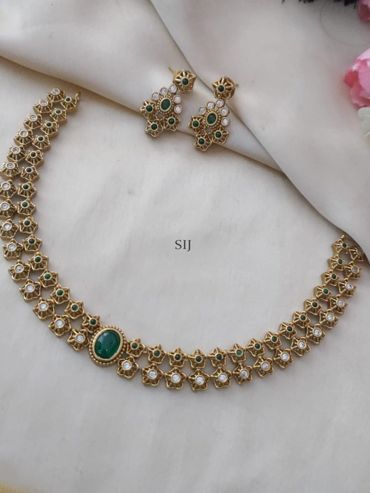 Gold Plated Green Stones Simple Necklace