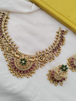 Gold Plated Peacock with Flower Design Necklace Set