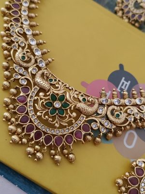 Gold Plated Peacock with Flower Design Necklace Set