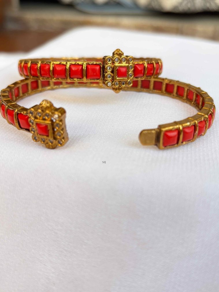 Gold Plated Square Shaped Coral Stone Bangles