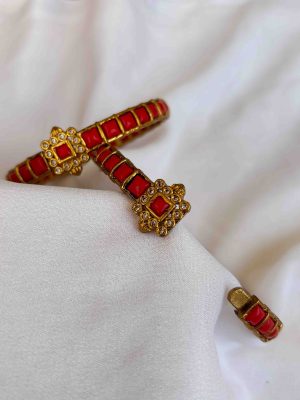 Gold Plated Square Shaped Coral Stone Bangles