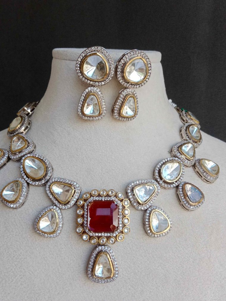 Gold Plated Victorian Polki Necklace with Ruby