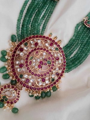 Green Beaded Bridal Haram with Kemp Pendant