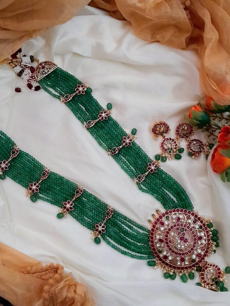 Green Beaded Bridal Haram with Kemp Pendant