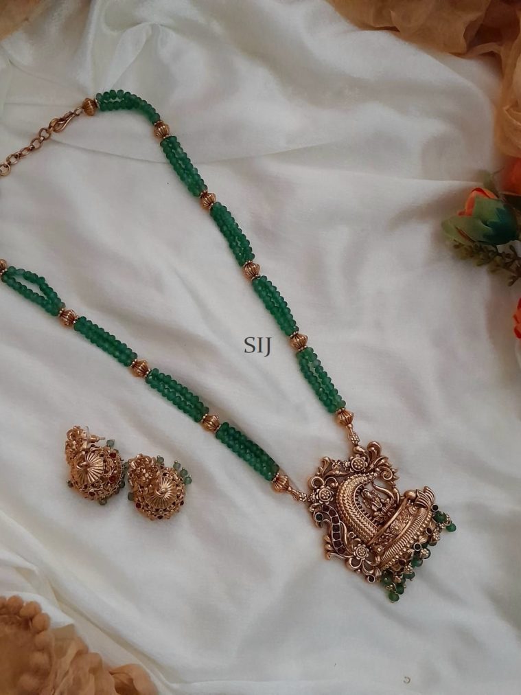 Green Beaded Haram with Lakshmi& Peacock Design Pendant