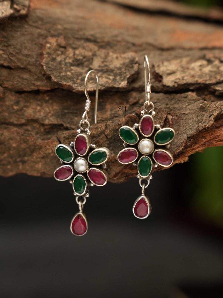 Multi Color Stones Silver Flower Hook Earrings