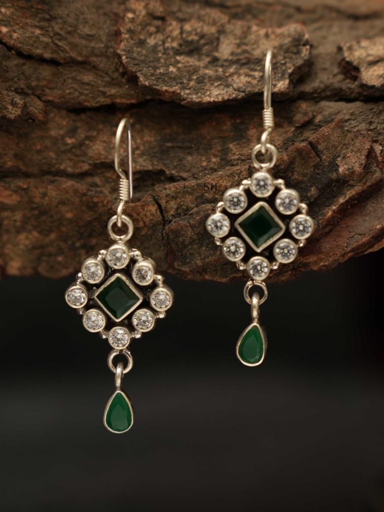 White and Green Stones Silver Flower Hook Earrings