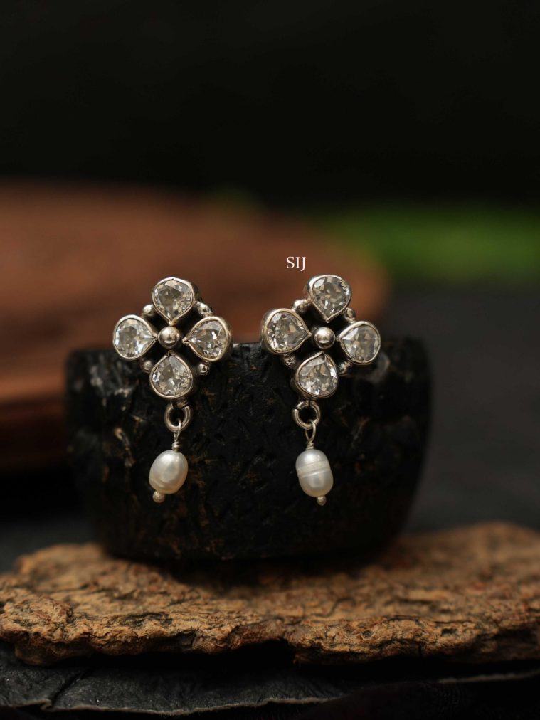 White Stones Floral Silver Earrings