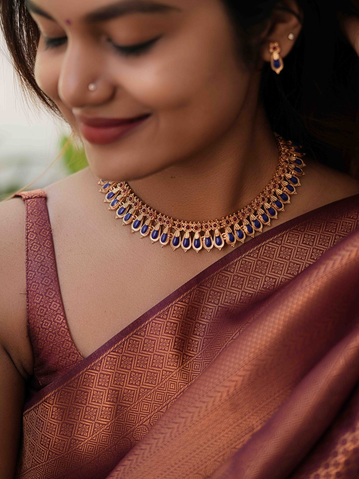 Kerala Style Gold Plated Blue Stone Necklace Set