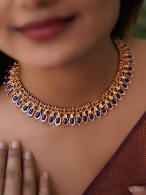 Kerala Style Gold Plated Blue Stone Necklace Set