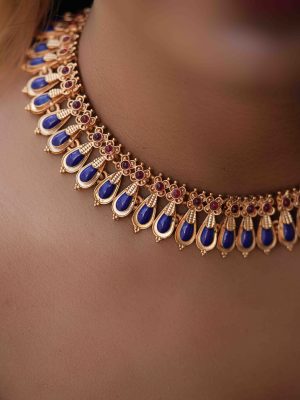 Kerala Style Gold Plated Blue Stone Necklace Set