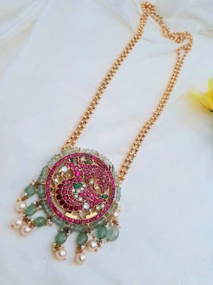One Gram Gold Kundan Stones Pendant Long Haram