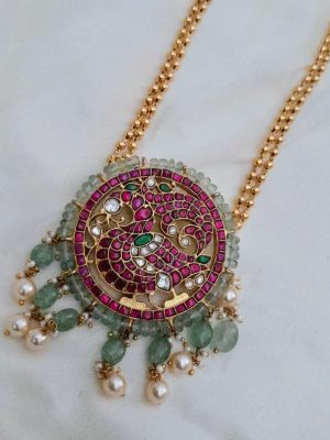 One Gram Gold Kundan Stones Pendant Long Haram