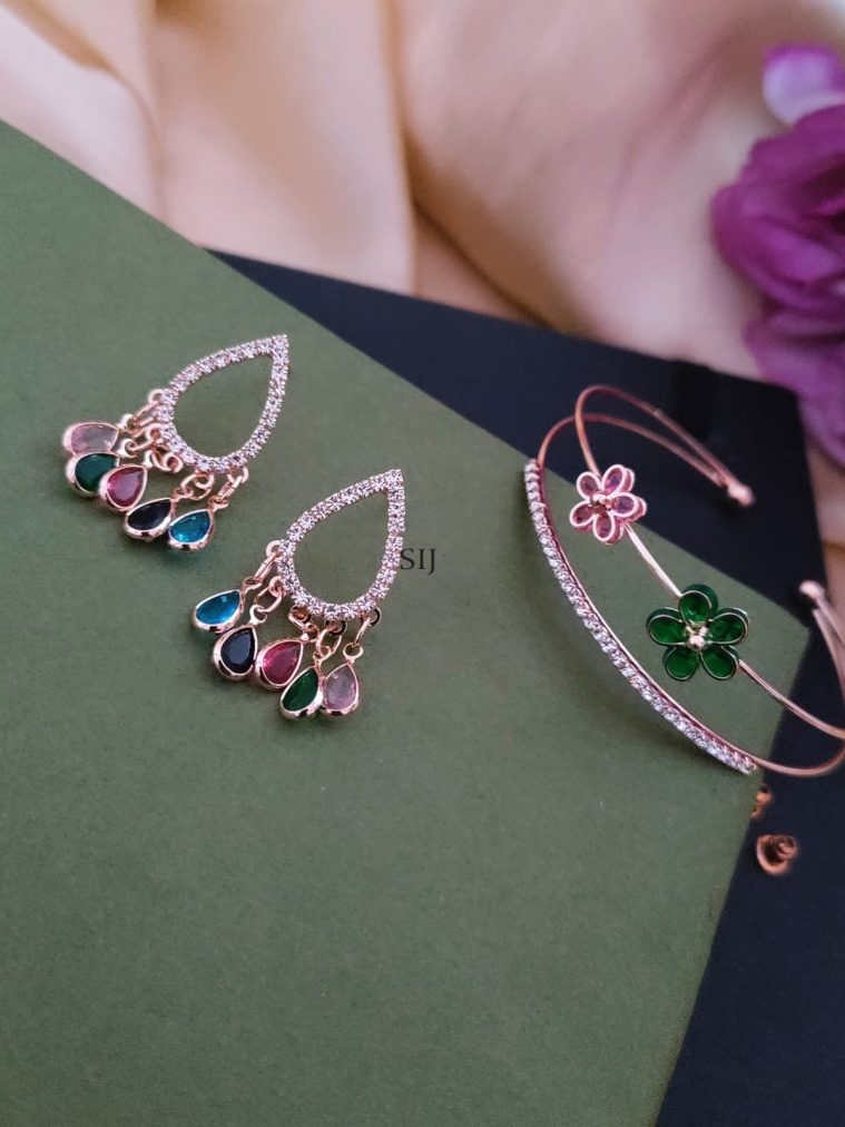 Rose Gold Finish Kada with Multicolor Stones Drop Earrings