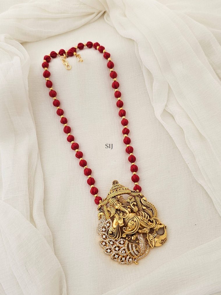 Temple Coral Beads Necklace with Ganesha Pendant