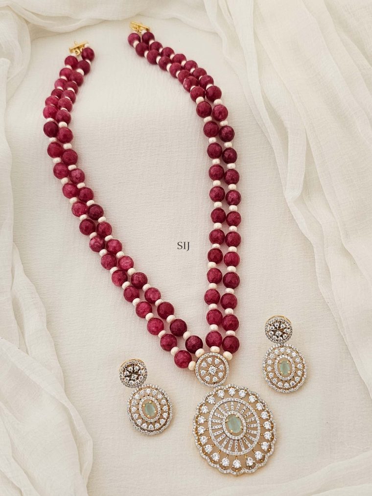 Two Layers Maroon Red Agate Necklace with CZ Stones Floral Pendant